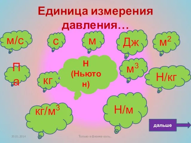 Единица измерения давления… Па м3 Н/кг c м Дж м/c