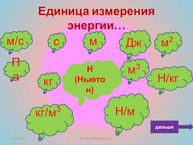 Единица измерения энергии… Па м3 Н/кг c м Дж м/c