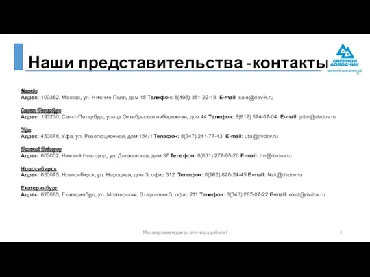 Наши представительства -контакты Мы закрываем двери-это наша работа! Москва Адрес: