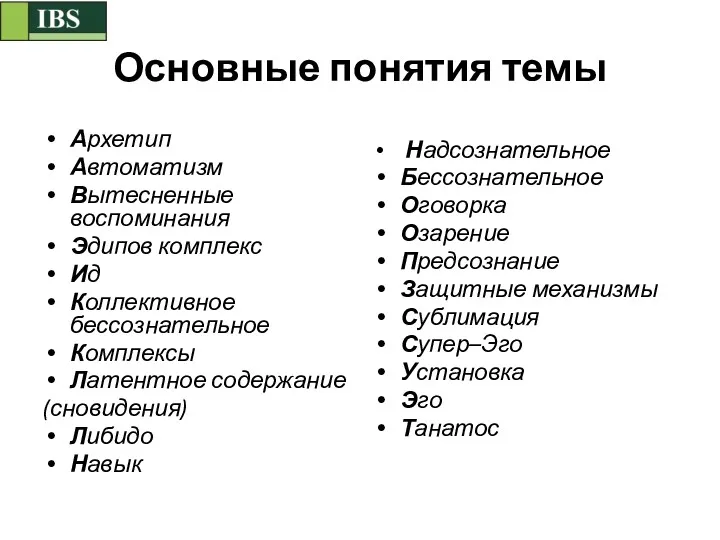 Основные понятия темы Архетип Автоматизм Вытесненные воспоминания Эдипов комплекс Ид