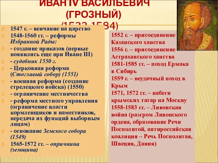 ИВАН IV ВАСИЛЬЕВИЧ (ГРОЗНЫЙ) (1533-1584) 1547 г. – венчание на