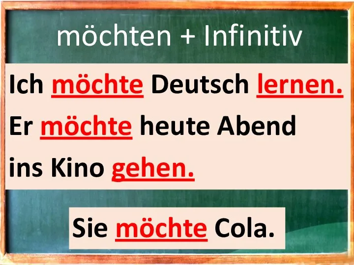 möchten + Infinitiv Ich möchte Deutsch lernen. Er möchte heute