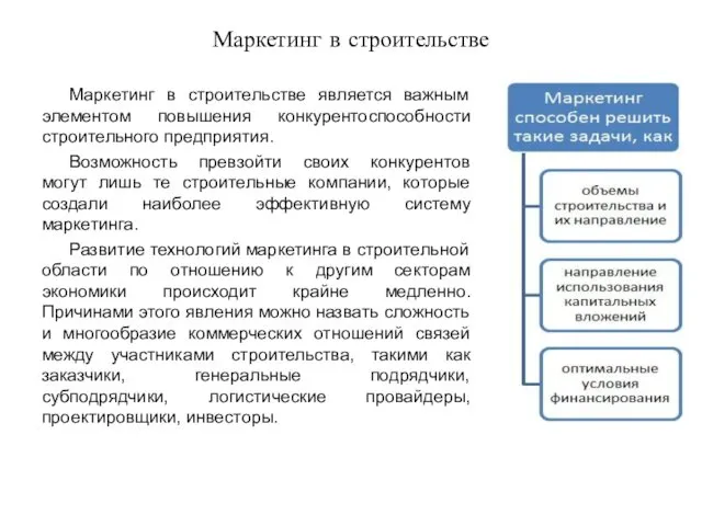 Маркетинг в строительстве Маркетинг в строительстве является важным элементом повышения