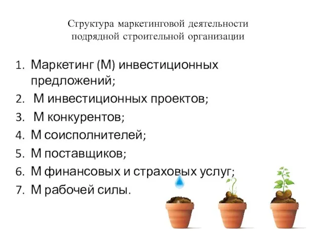 Структура маркетинговой деятельности подрядной строительной организации Маркетинг (М) инвестиционных предложений;