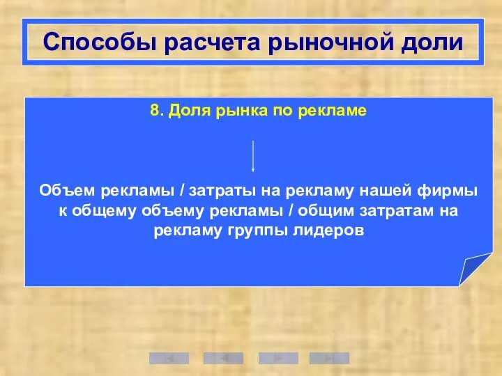 Способы расчета рыночной доли 8. Доля рынка по рекламе Объем