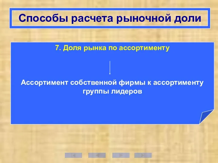 Способы расчета рыночной доли 7. Доля рынка по ассортименту Ассортимент собственной фирмы к ассортименту группы лидеров