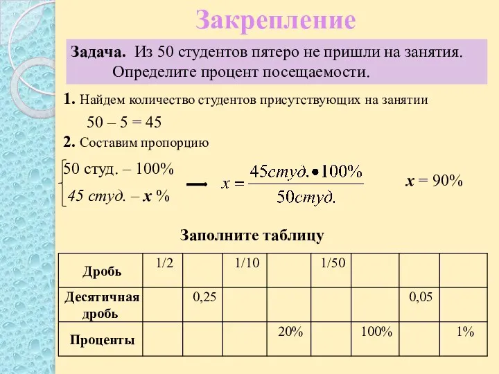 Закрепление Задача. Из 50 студентов пятеро не пришли на занятия.