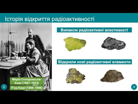 Історія відкриття радіоактивності Марія Склодовська-Кюрі (1867–1934) П’єр Кюрі (1859–1906) Виявили радіоактивні властивості Відкрили нові радіоактивні елементи