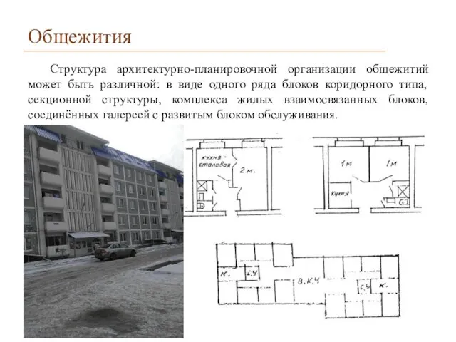 Общежития Структура архитектурно-планировочной организации общежитий может быть различной: в виде