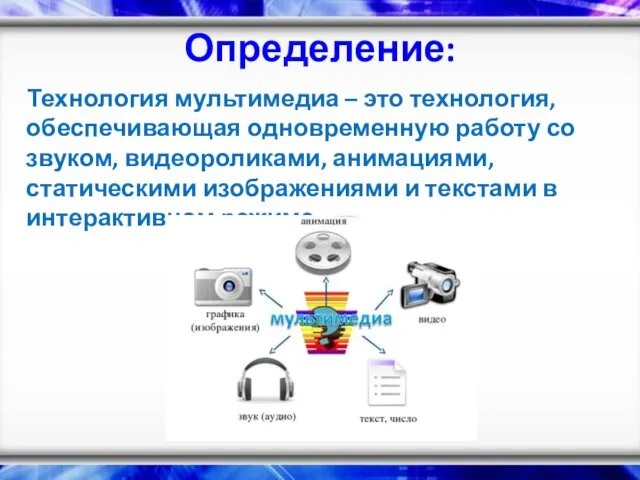 Определение: Технология мультимедиа – это технология, обеспечивающая одновременную работу со