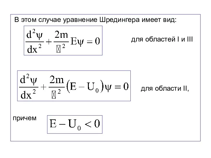 В этом случае уравнение Шредингера имеет вид: для областей I и III для области II, причем