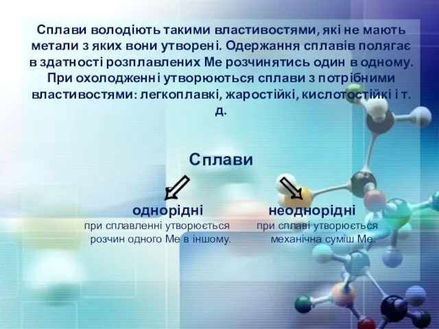 Сплави володіють такими властивостями, які не мають метали з яких