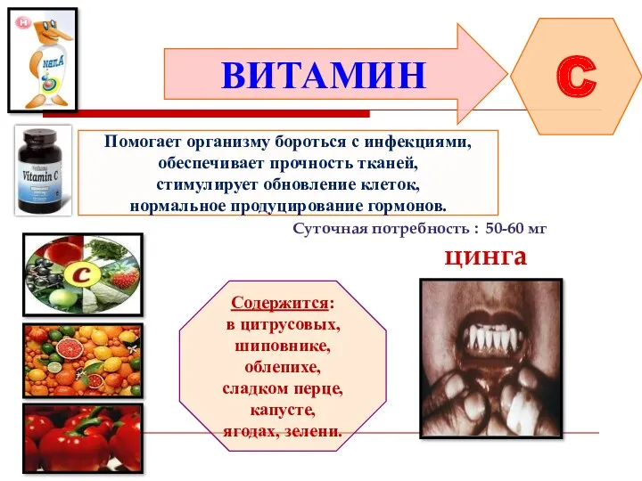 ВИТАМИН C Помогает организму бороться с инфекциями, обеспечивает прочность тканей,