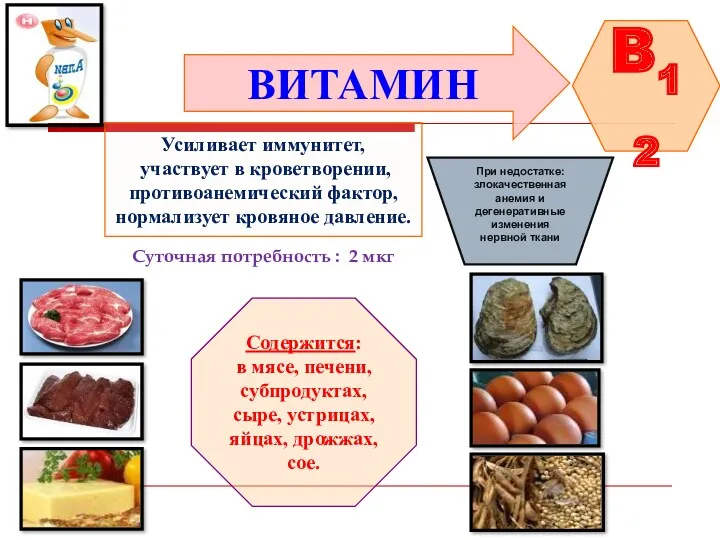 ВИТАМИН B12 Усиливает иммунитет, участвует в кроветворении, противоанемический фактор, нормализует