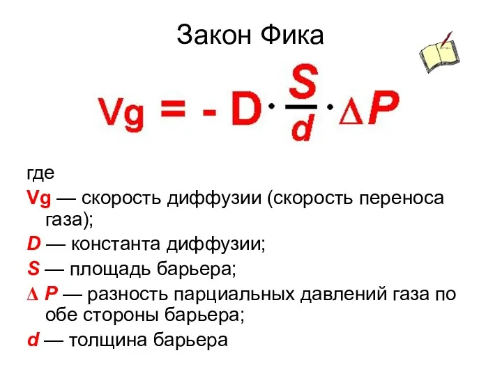 Закон Фика где Vg — скорость диффузии (скорость переноса газа); D — константа