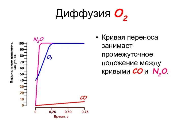 Диффузия O2 Кривая переноса занимает промежуточное положение между кривыми СО и N2O.