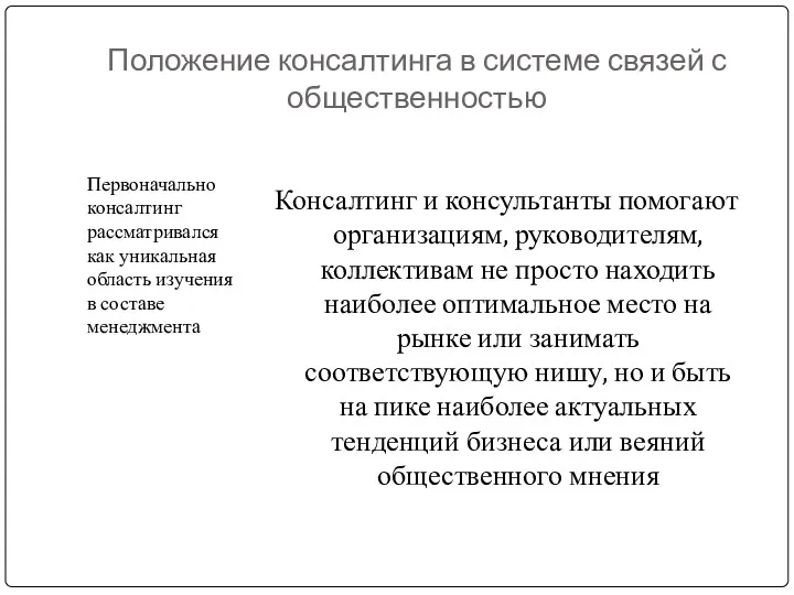 Положение консалтинга в системе связей с общественностью Первоначально консалтинг рассматривался