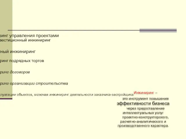 инжиниринг управления проектами Прединвестиционный инжиниринг Проектный инжиниринг Инжиниринг подрядных торгов