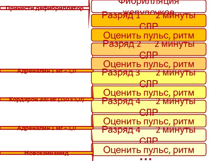 Фибрилляция желудочков Принести дефибриллятор Разряд 1 2 минуты СЛР Оценить