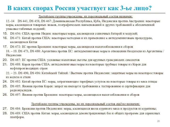 В каких спорах Россия участвует как 3-ье лицо? Третейские группы