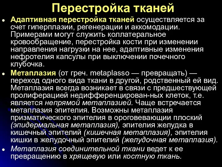 Перестройка тканей Адаптивная перестройка тканей осуществляется за счет гиперплазии, регенерации