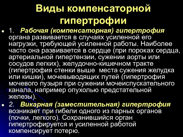 Виды компенсаторной гипертрофии 1. Рабочая (компенсаторная) гипертрофия органа развивается в