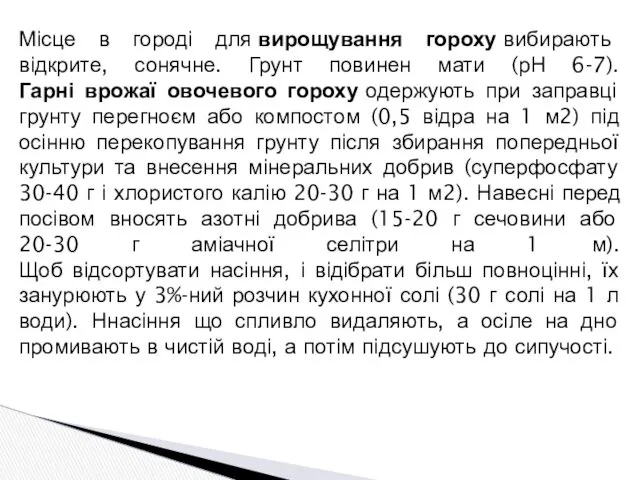 Місце в городі для вирощування гороху вибирають відкрите, сонячне. Грунт