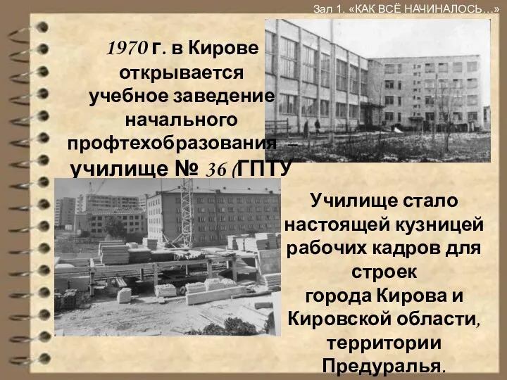 1970 г. в Кирове открывается учебное заведение начального профтехобразования – училище № 36