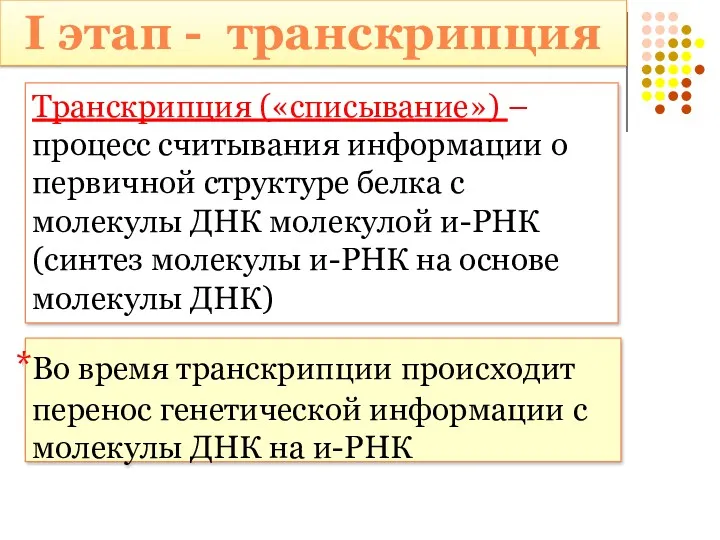 I этап - транскрипция Транскрипция («списывание») – процесс считывания информации