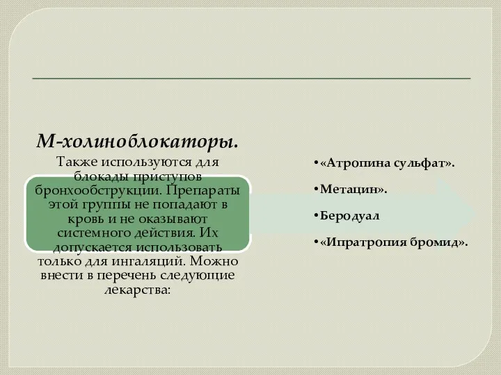 М-холиноблокаторы. Также используются для блокады приступов бронхообструкции. Препараты этой группы