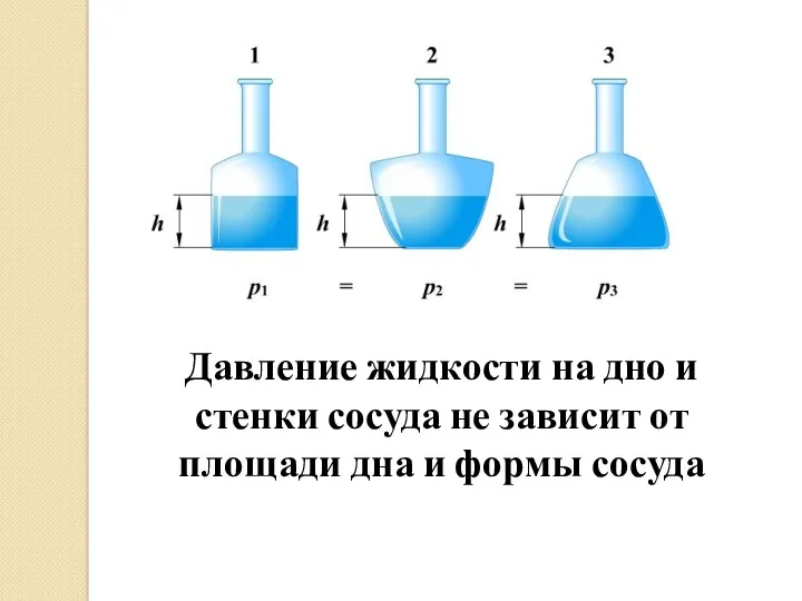 Давление жидкости на дно и стенки сосуда не зависит от площади дна и формы сосуда