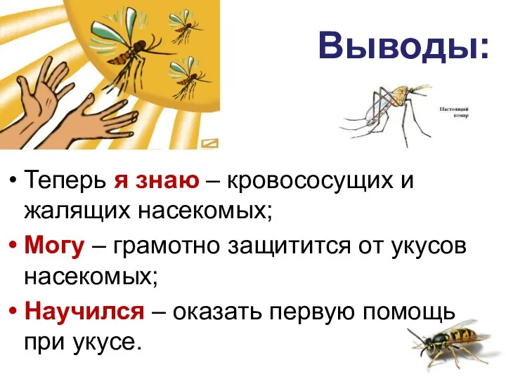 Выводы: Теперь я знаю – кровососущих и жалящих насекомых; Могу