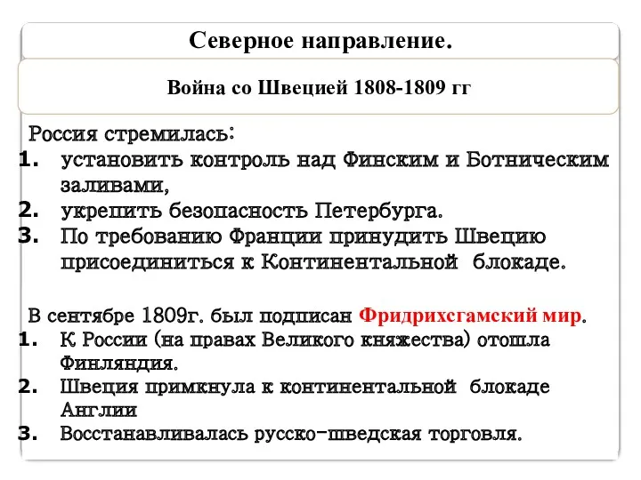 Северное направление. Война со Швецией 1808-1809 гг Россия стремилась: установить