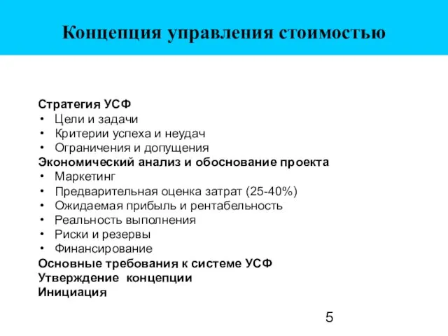 Концепция управления стоимостью Стратегия УСФ Цели и задачи Критерии успеха