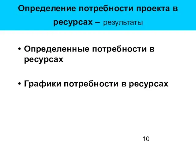 Определение потребности проекта в ресурсах – результаты Определенные потребности в ресурсах Графики потребности в ресурсах