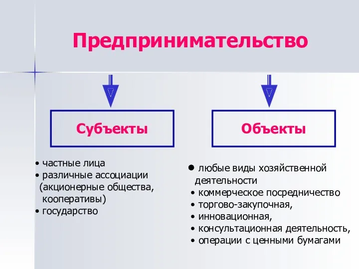 Предпринимательство Субъекты Объекты частные лица различные ассоциации (акционерные общества, кооперативы)