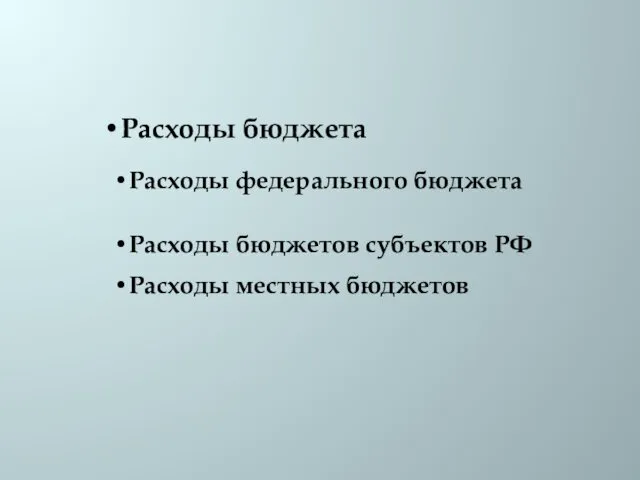 Расходы бюджета Расходы федерального бюджета Расходы бюджетов субъектов РФ Расходы местных бюджетов