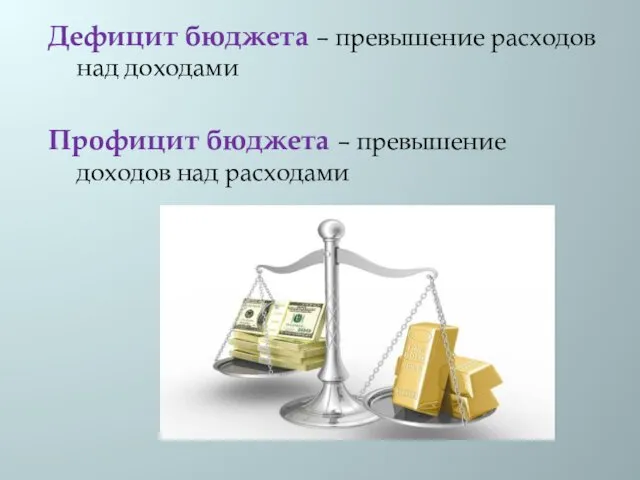 Дефицит бюджета – превышение расходов над доходами Профицит бюджета – превышение доходов над расходами