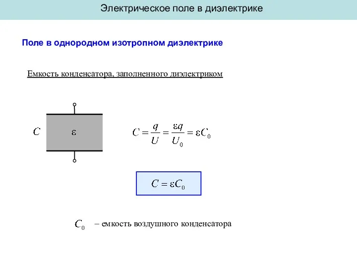 Электрическое поле в диэлектрике Поле в однородном изотропном диэлектрике Емкость