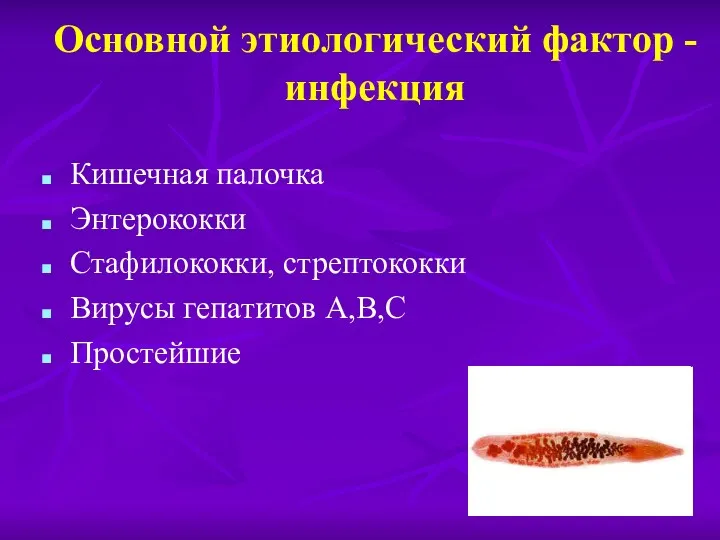 Основной этиологический фактор -инфекция Кишечная палочка Энтерококки Стафилококки, стрептококки Вирусы гепатитов А,В,С Простейшие