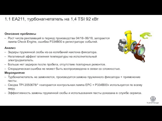 1.1 EA211, турбонагнетатель на 1,4 TSI 92 кВт Описание проблемы Рост числа рекламаций