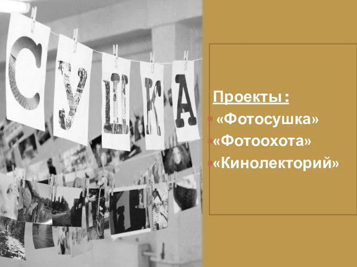 Проекты : «Фотосушка» «Фотоохота» «Кинолекторий»