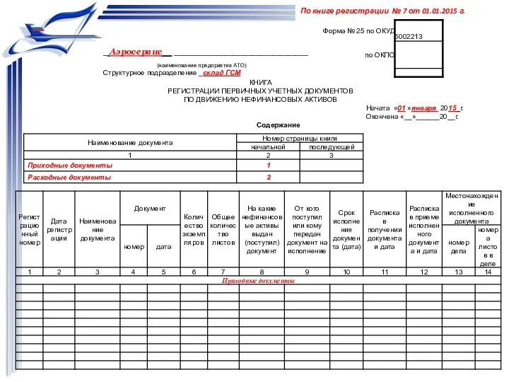 По книге регистрации № 7 от 01.01.2015 г. КНИГА РЕГИСТРАЦИИ