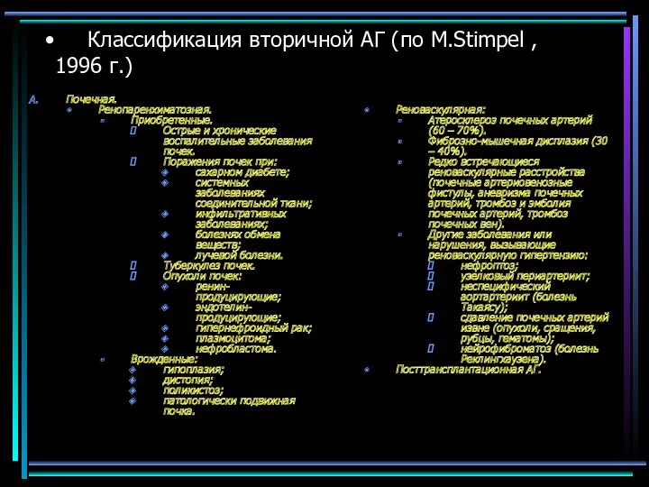 Классификация вторичной АГ (по M.Stimpel , 1996 г.) Почечная. Ренопаренхиматозная.