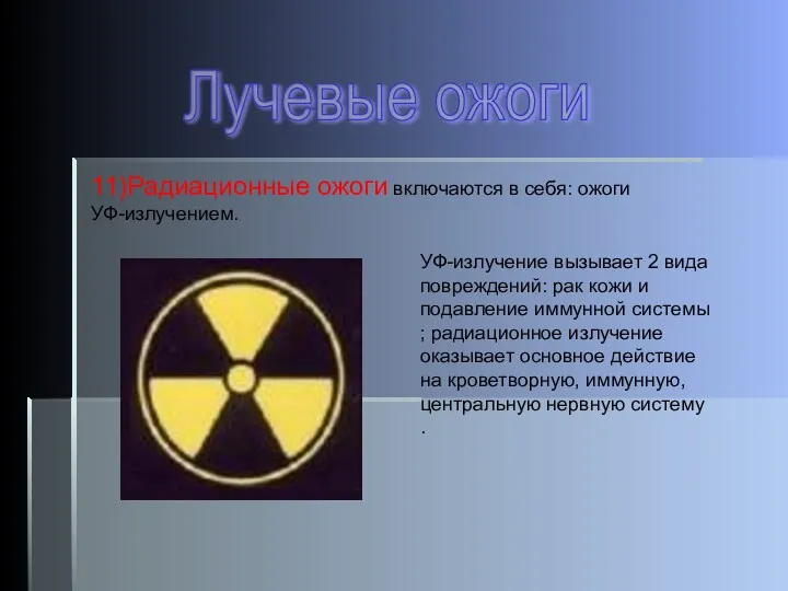 Лучевые ожоги 11)Радиационные ожоги включаются в себя: ожоги УФ-излучением. УФ-излучение