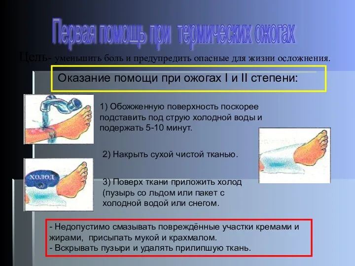 Цель- уменьшить боль и предупредить опасные для жизни осложнения. Оказание