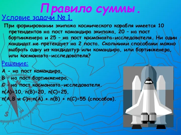 Правило суммы. Условие задачи № 1. При формировании экипажа космического