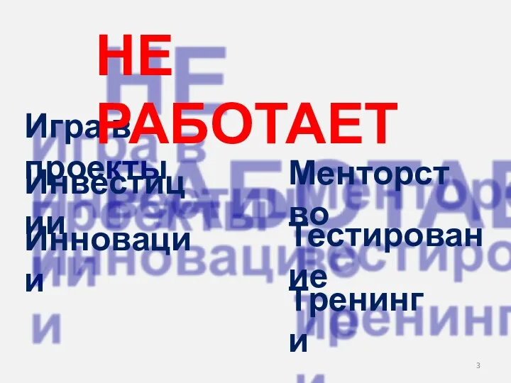 Игра в проекты НЕ РАБОТАЕТ Инновации Инвестиции Менторство Тестирование Тренинги