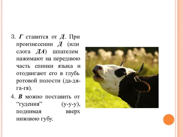 3. Г ставится от Д. При произнесении Д (или слога ДА) шпателем нажимают