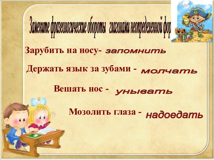 Замените фразеологические обороты глаголами неопределенной формы Зарубить на носу- запомнить